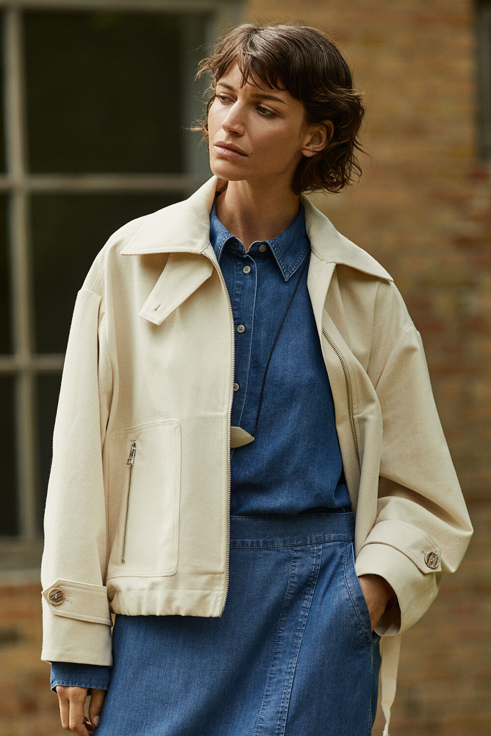 Trixion Denim Jacket - Oyster White, Ishana Shirt - Washed denim, Selithia Denim Skirt - Washed denim, Raiomi Necklace - Tobacco Brown